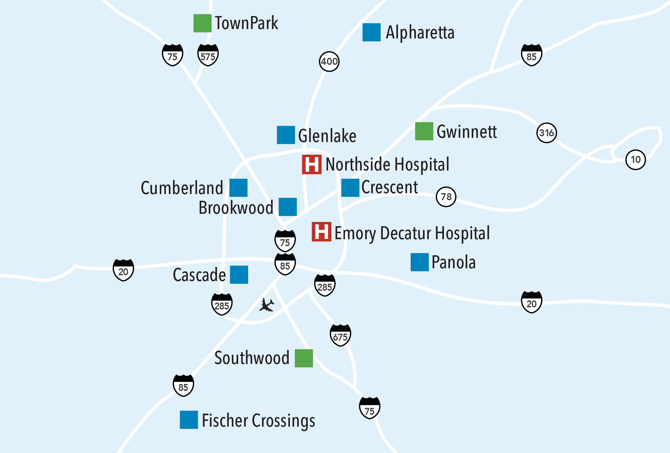 Map with care locations and hospitals.